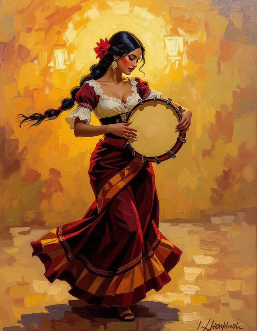 An oil painting of a beautiful Roma woman dancing gracefully with her tambourine, her expression a blend ...  by @Joe