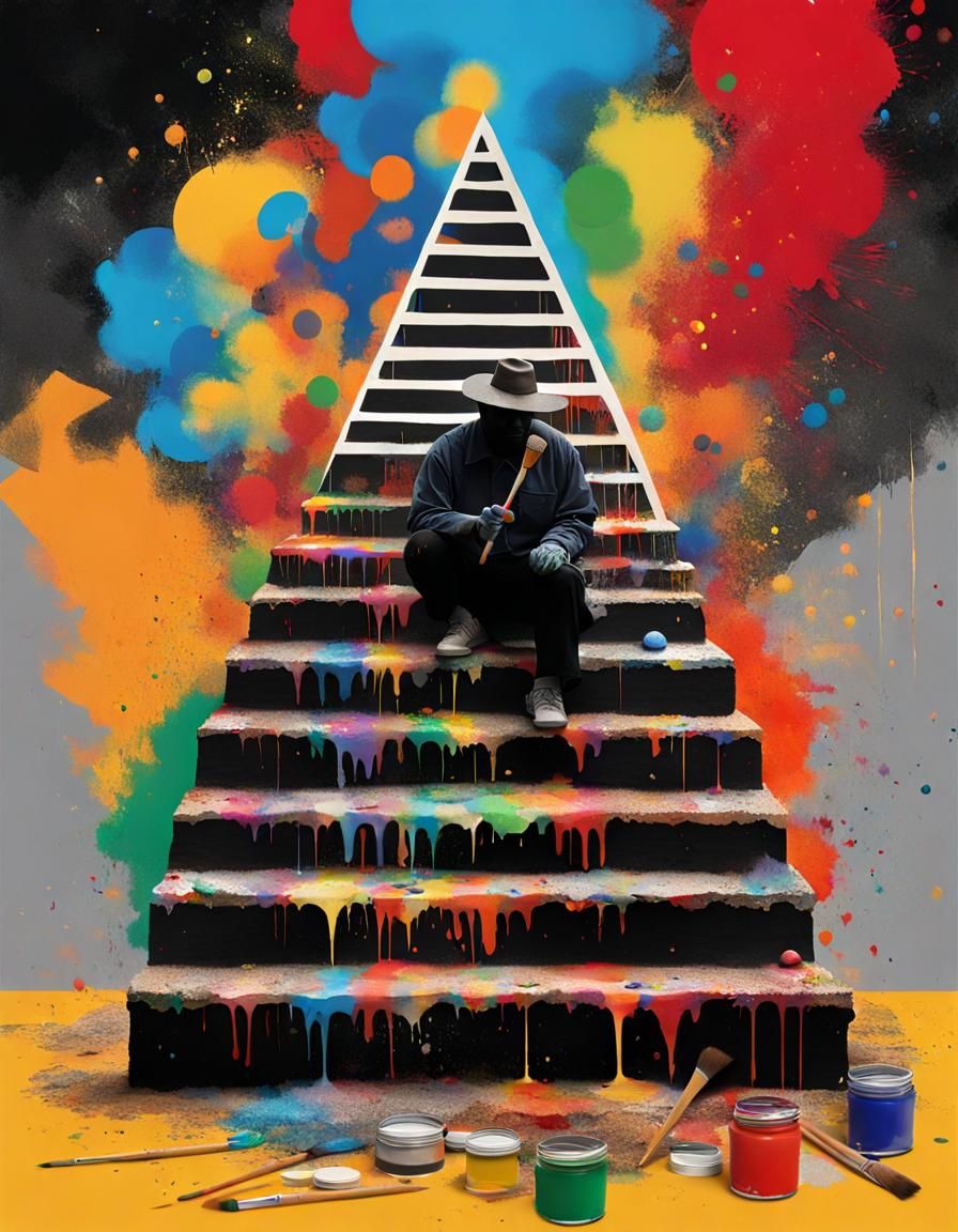 Surreal Layered pyramid structure of artists on steps holdin...