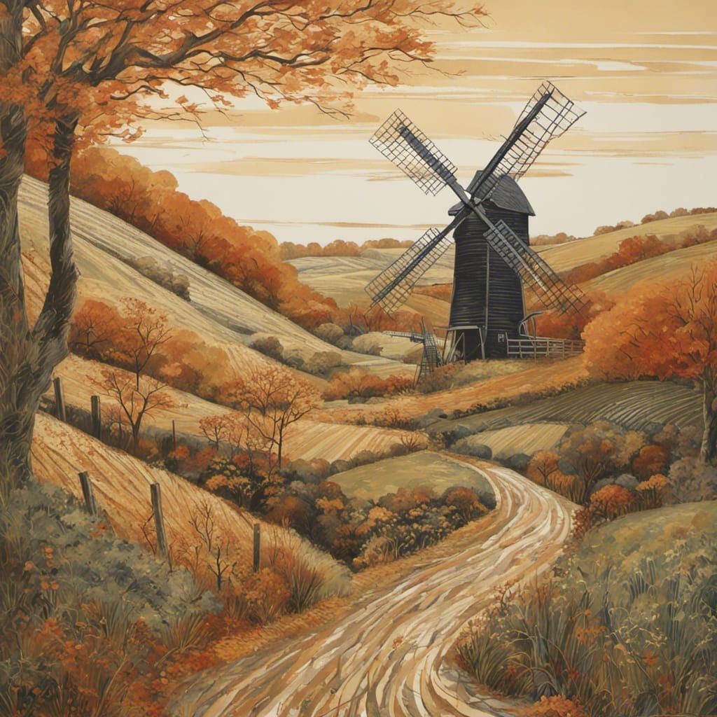 Windmill in an autumn landscape, by Annie Soudain and Sue Sc...