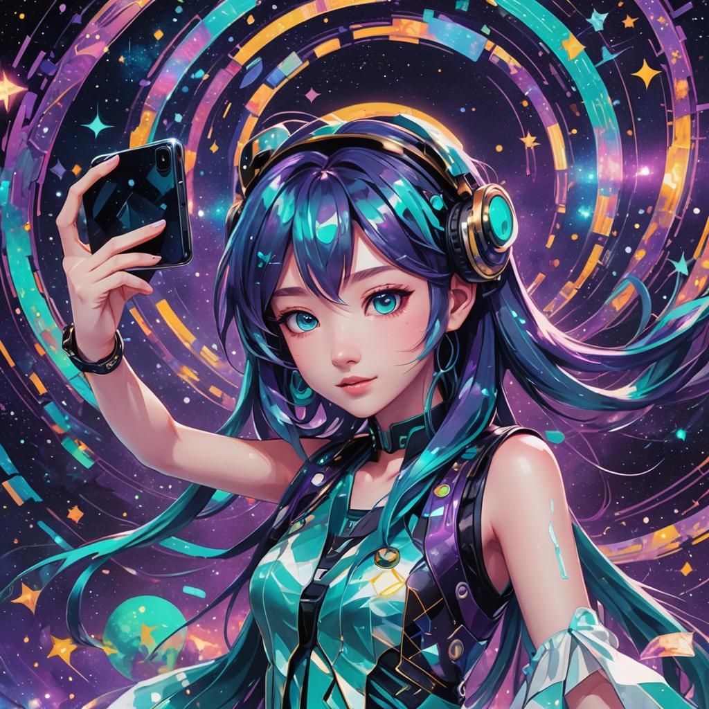 Hatsune Miku with dark purple hair taking a selfie on stage.