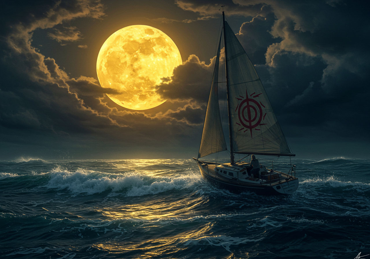 Sailboat Battling Stormy Seas Under The Full Moon  by @Junior