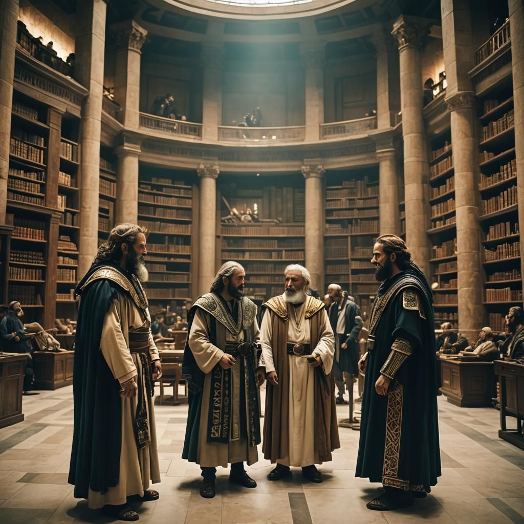 Sages dressed in classic Hellenic clothing talking to one another in the Library of Alexandria Cinematic ...  by @caprandom