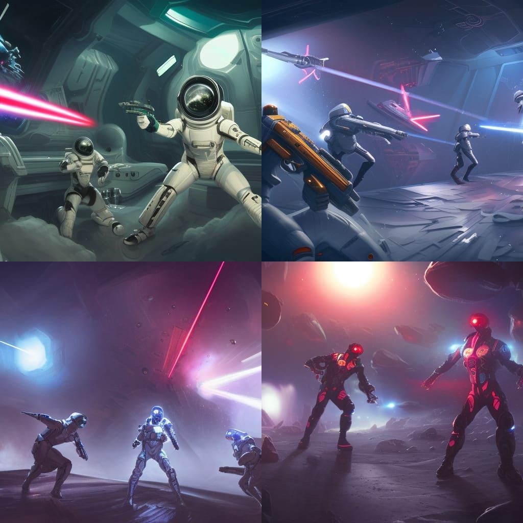 laser gun fight with guys in skin tight white armored space suits AI