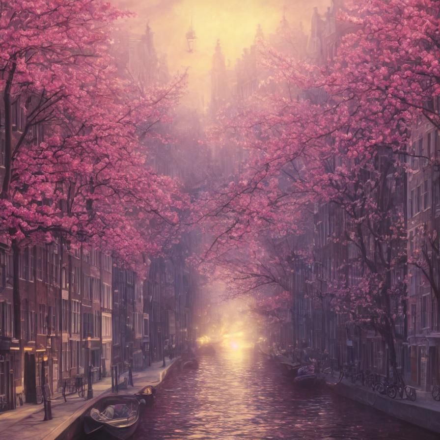 Morning sun on canal in Amsterdam with cherry blossom.  by @Hannah