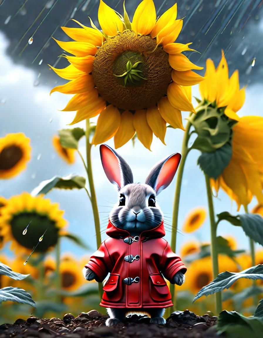 Tiny rabbit in red raincoat in sunflower field