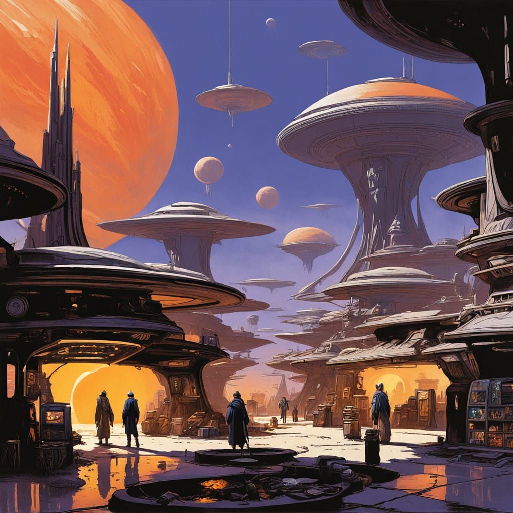 Imagine a bustling marketplace on an alien planet, where vendors hawk strange and exotic wares beneath the glow of twin suns. The air is thi...