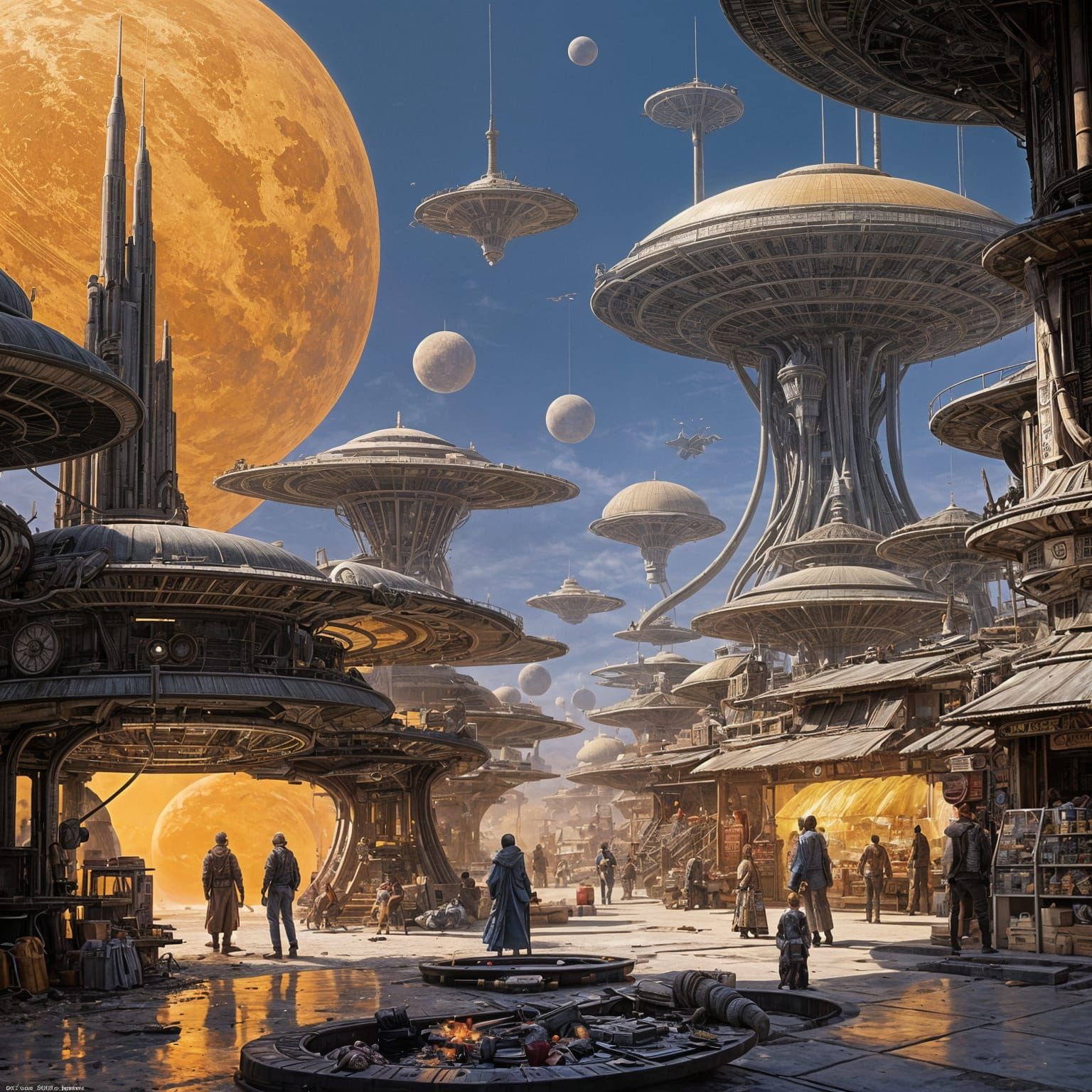 Imagine a bustling marketplace on an alien planet, where vendors hawk strange and exotic wares beneath ...  by @JayRa