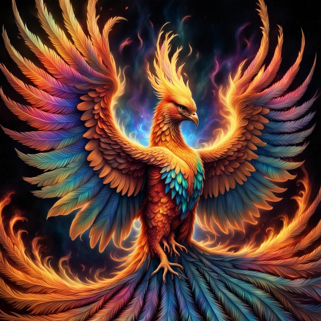 a holographic phoenix rising from cosmic ashes, its feathers...