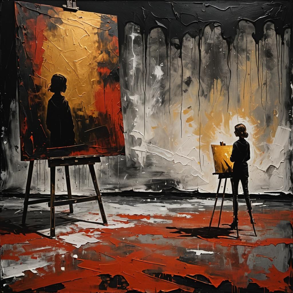 painting on an easel, a pitch black Je me souviens des mouvements hésitants de mes 
rêves/hold tight,professional photography deep colour,...