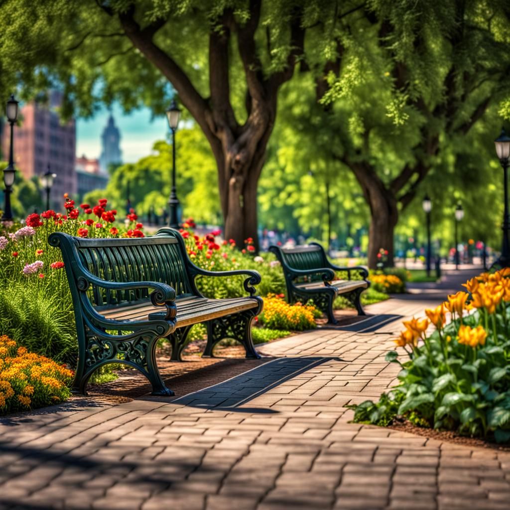 Park bench downtown in a garden park with trees and flowers intricate details, HDR, beautifully shot, hyperrealistic, sharp focus, 64 megapi...