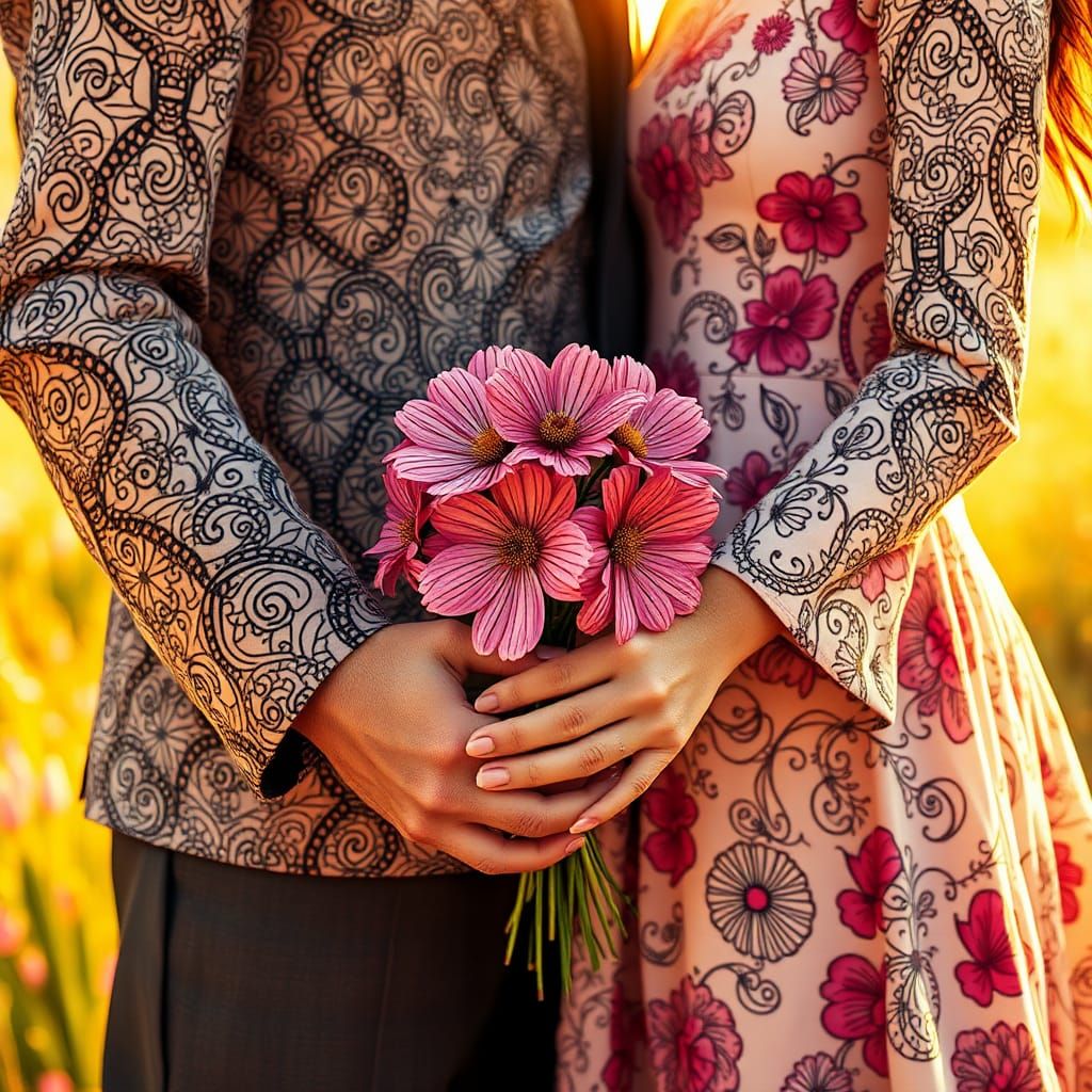 Zentangle Patterned Couple Offering Cosmos Flowers