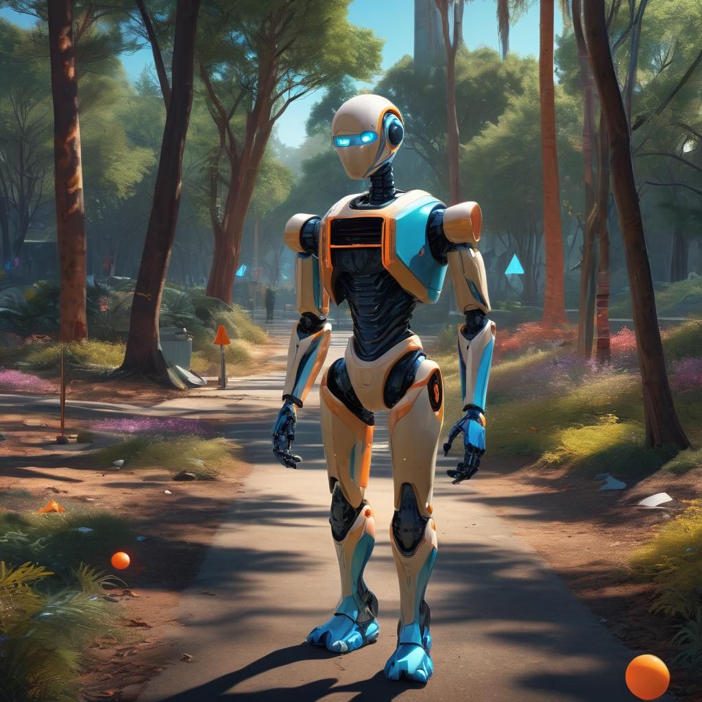 high tech eerie humanoid robot, enjoying walking through the...