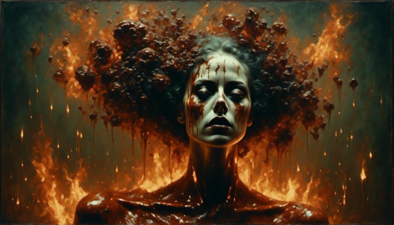 Shimmer Vibrant <lora:Autochrome:1.0> <lora:Argo:1.0> If you <look:1.3>  into fire you see Hell+vulgar+cruelty. Dan Witz, Gerald Brom, Rebe - AI  Generated Artwork - NightCafe Creator