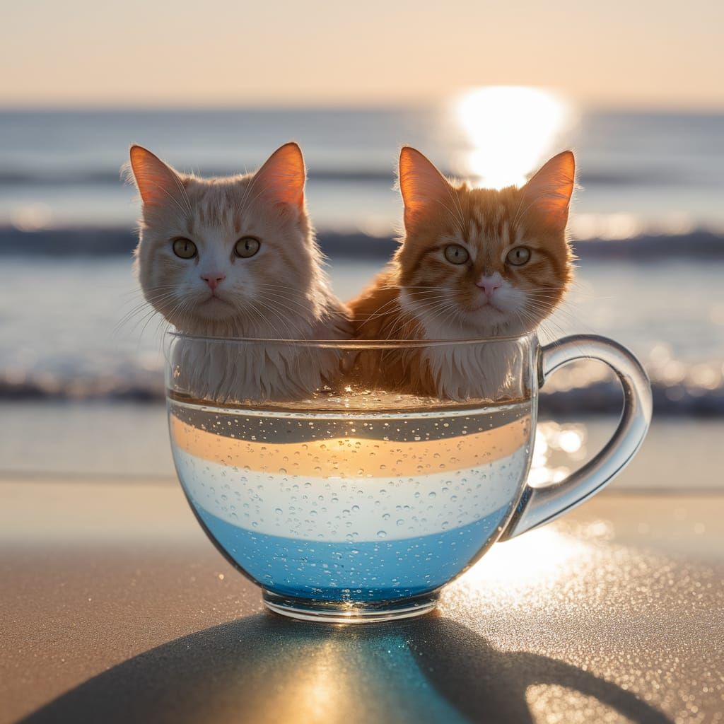 חתולים בלונדינים וג'נג'ים רוחצים בתוך כוס זכוכית המשתקפת בים