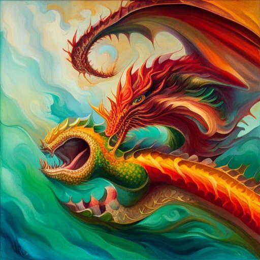 Tremendous Red, Green, Yellow Flying Dragon That Shoots Fire From Its 