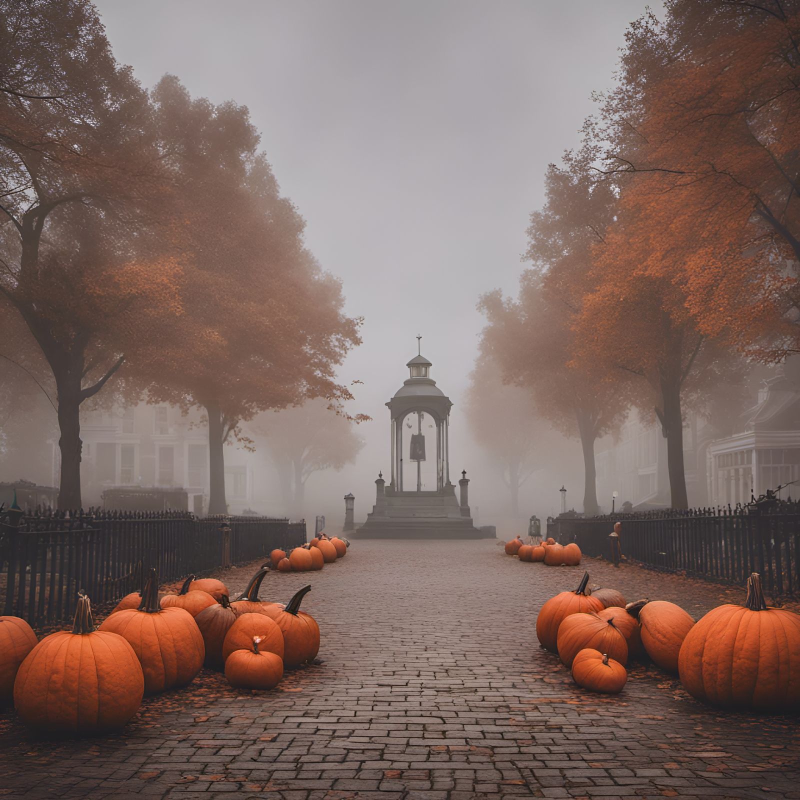 Foggy day suburban town square Halloween 8k resolution HDR pumpkins