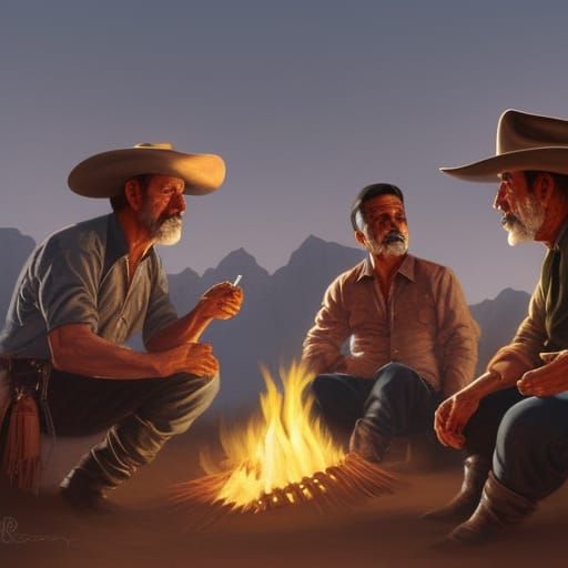 Three Mexican cowboys sitting around a campfire.  They are o...