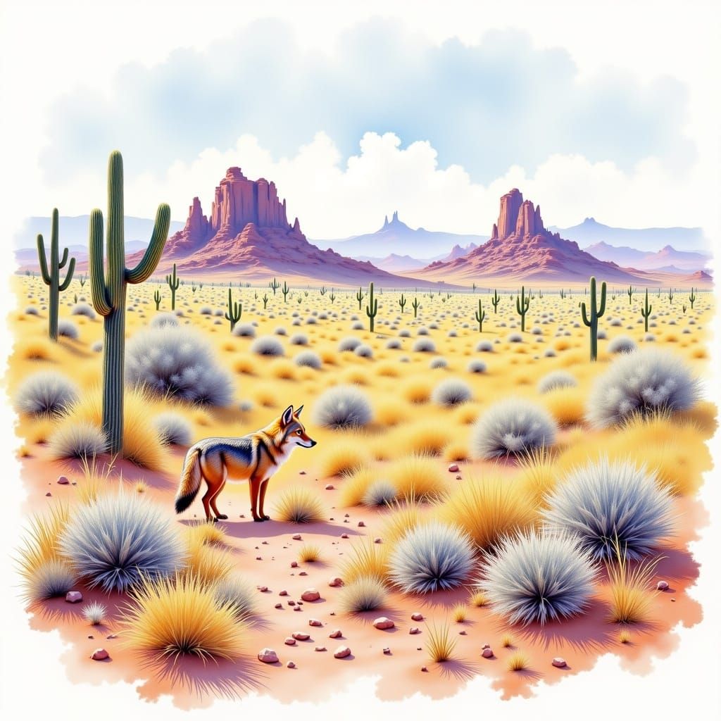 In Claude Monet style. Epic view of an Arizona desert biome with a coyote present. Watercolor. <lora:Watercolor worlds 3:1.0> 