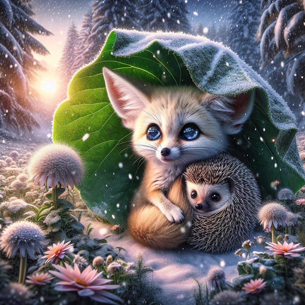 Cute tiny Fennec fox curled around a frightened hedgehog lying under a giant leaf, in a winter storm ...  by @Spearmint