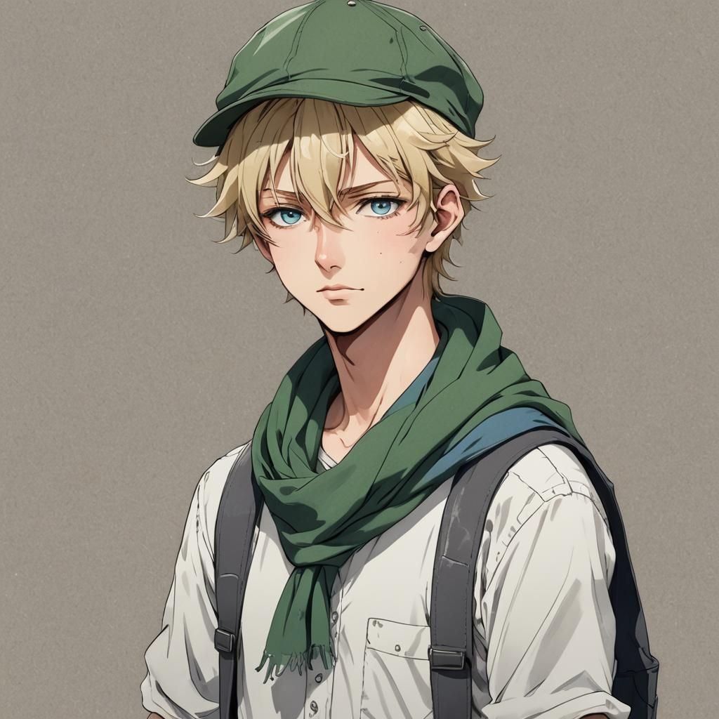 A boy with messy blonde hair and blue eyes. He is wearing a ...