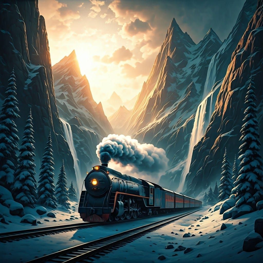 Majestic Train Journey Through Snowy Mountain Pass