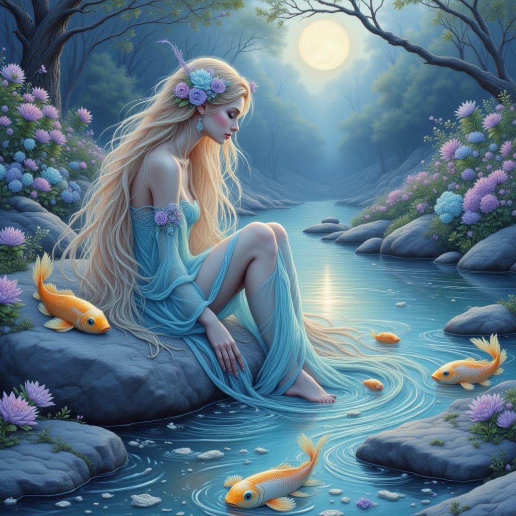 Water Witch by Moonlight with Glowing Koi