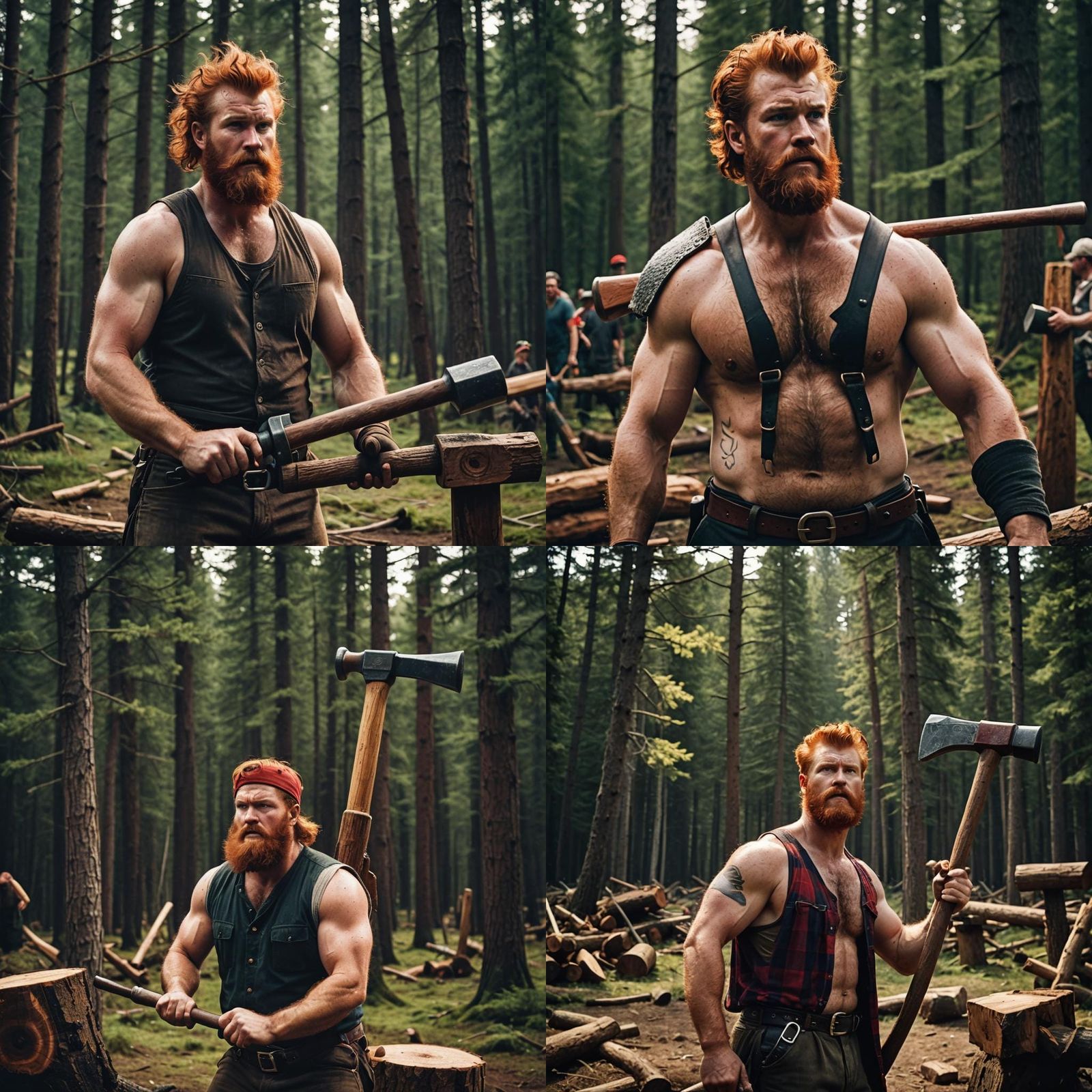 A close on a fat red-haired lumberjack no shirt stand a big hammer - AI ...