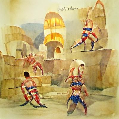 Gladiators; Azerbaijan, Baku; 1914; watercolors on gold pape...