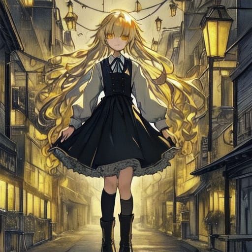 Girl in Village Street Under Yellow Lamplight