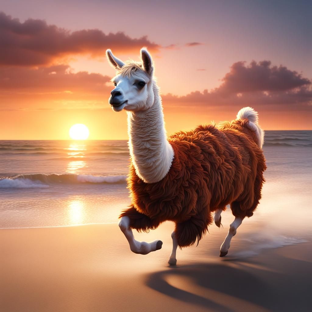 Llama running in the beach in front of a sunset