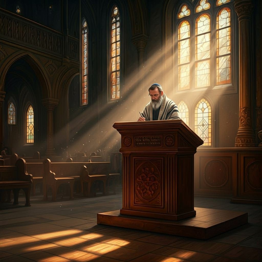 The synagogue platform during the Torah reading, surrounded by three people with tallit, the one who recites the blessing makes a note.