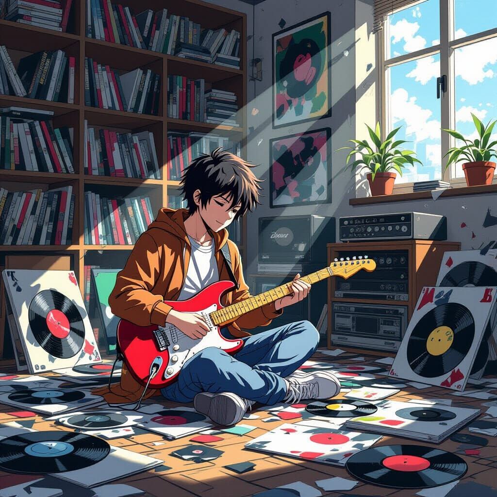 Make a beat maker making a beat in a room full of broken records 