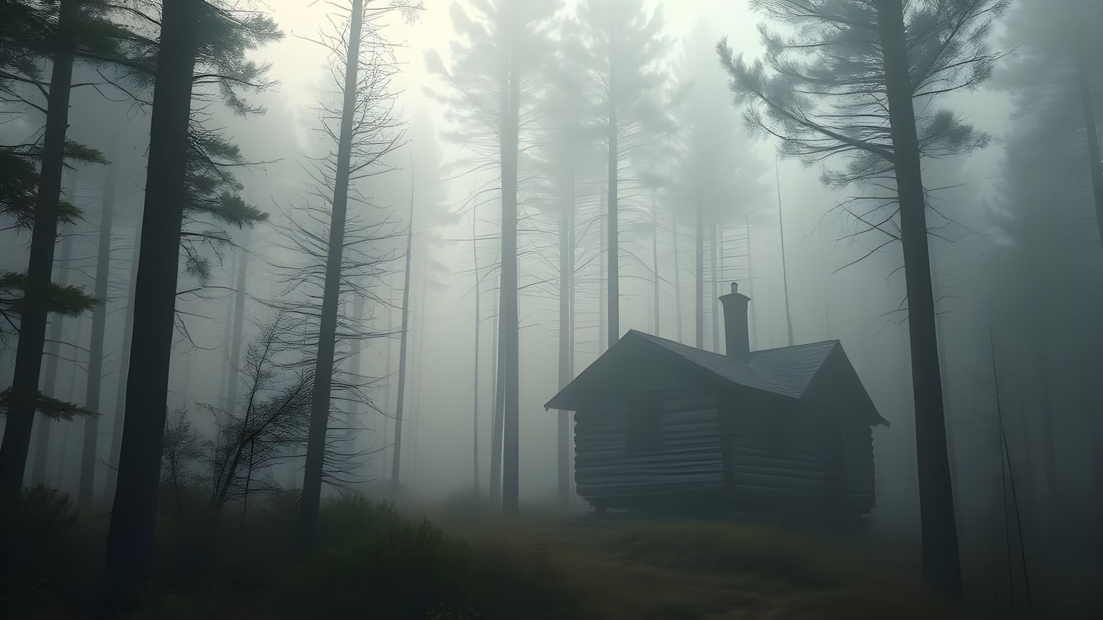 abandoned cabin in a pine forest hidden beneath morning fog  by @masoncarr2244