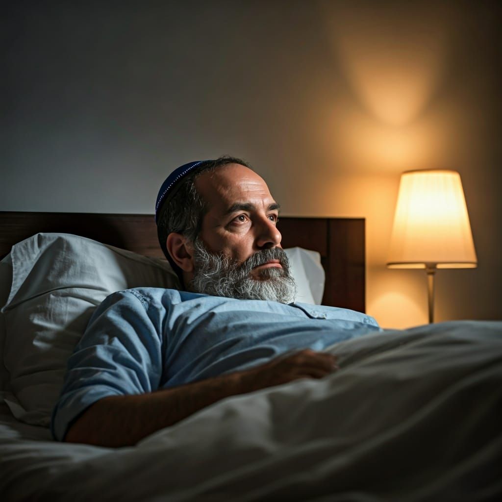 Pensive Jewish Man Resting Peacefully in Bed