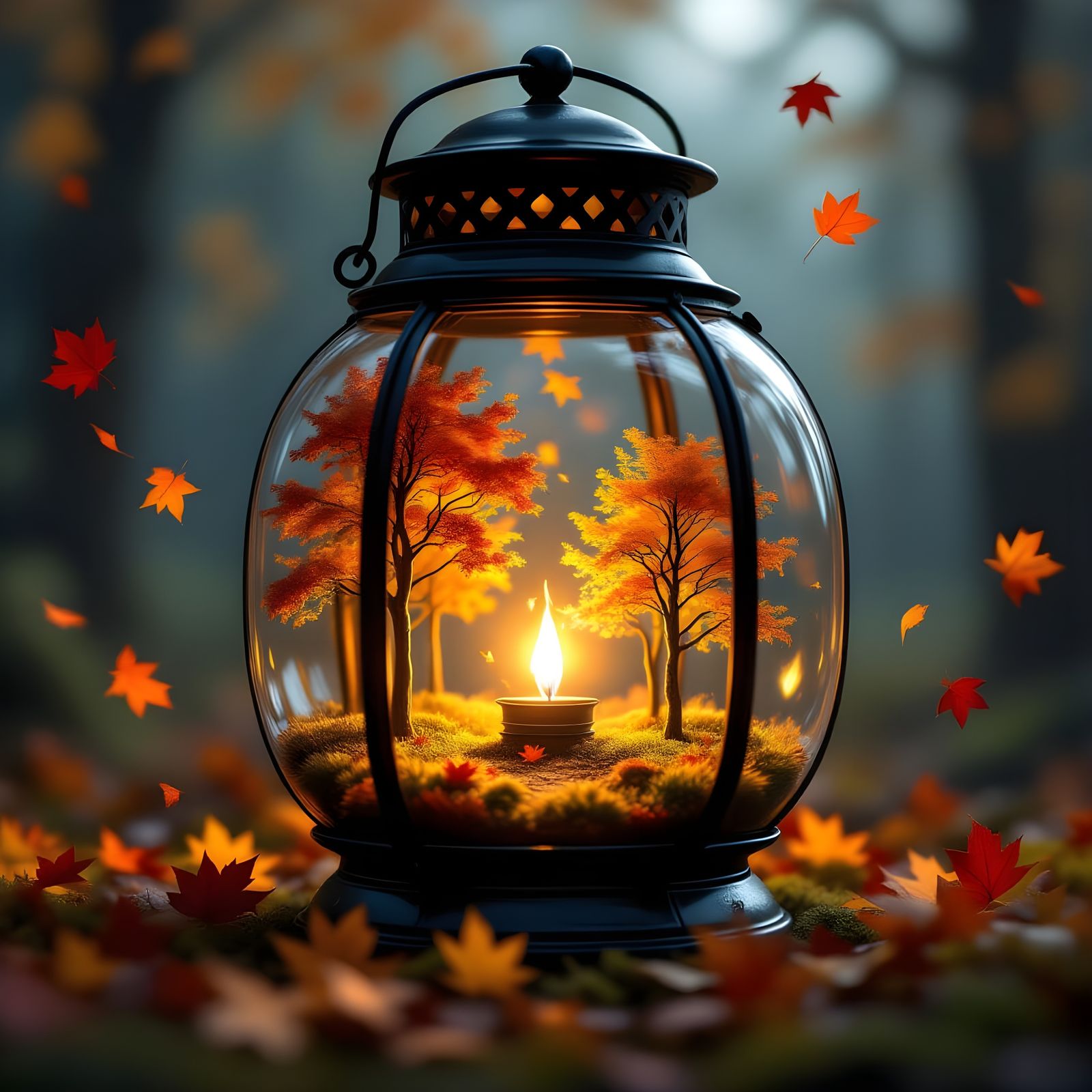 A delicate miniature forest scene contained within a vintage glass lantern.  by @ElyAl