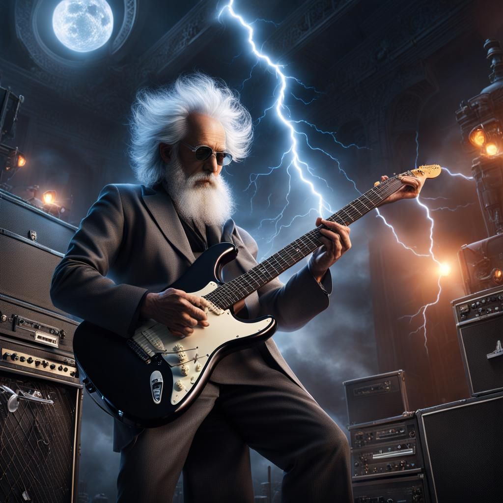 Mad scientist musician playing black Stratocaster, teslacore ...