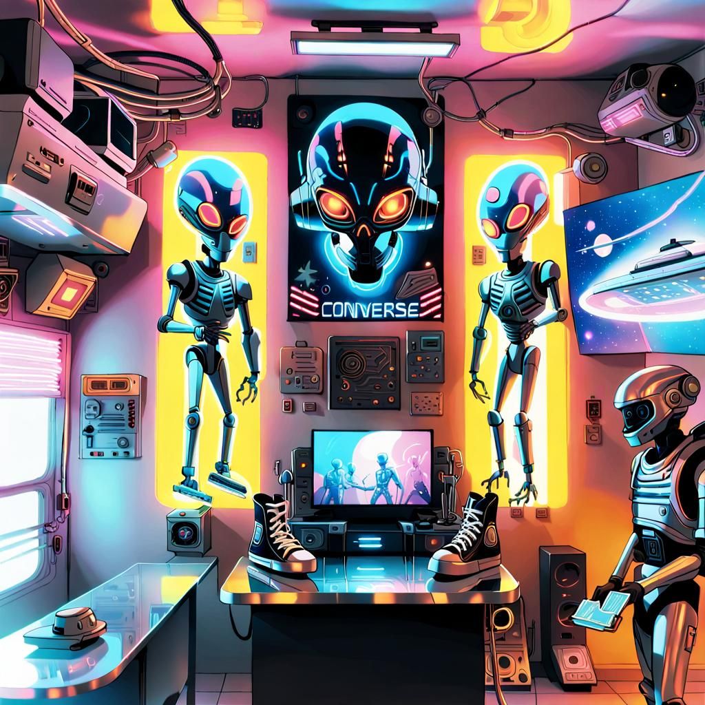 Alien Robot in Neon Cyberpunk Space Station