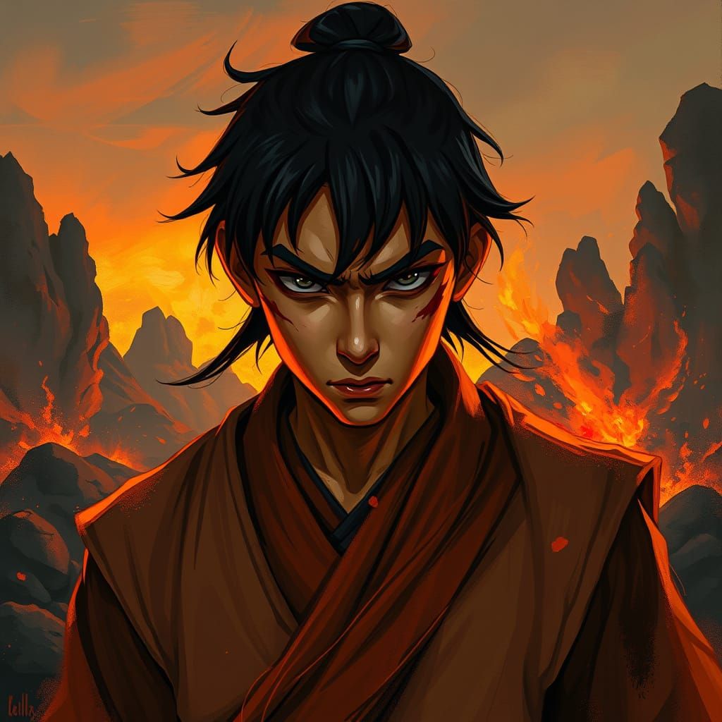 Determined Fire Nation Warrior Amidst Volcanic Ruins