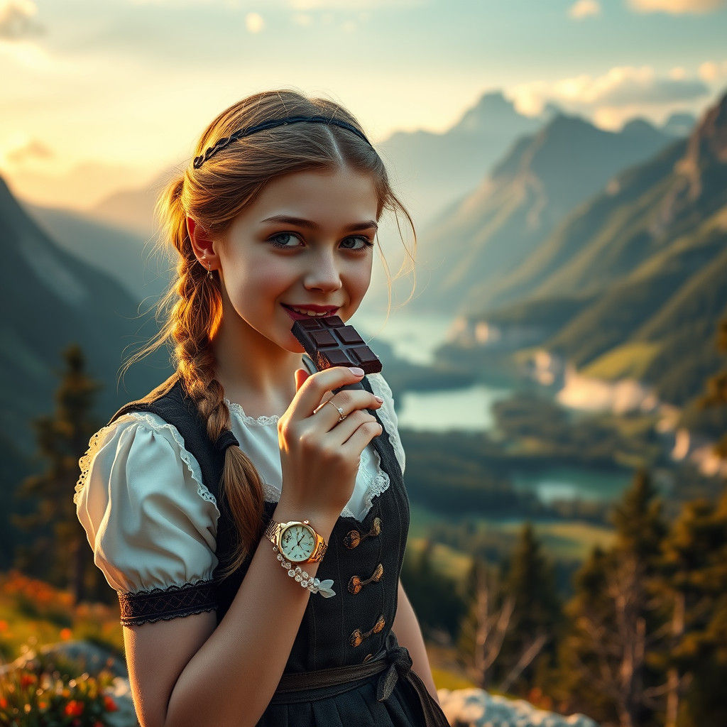 Swiss Girl with Chocolate in Alpine Landscape