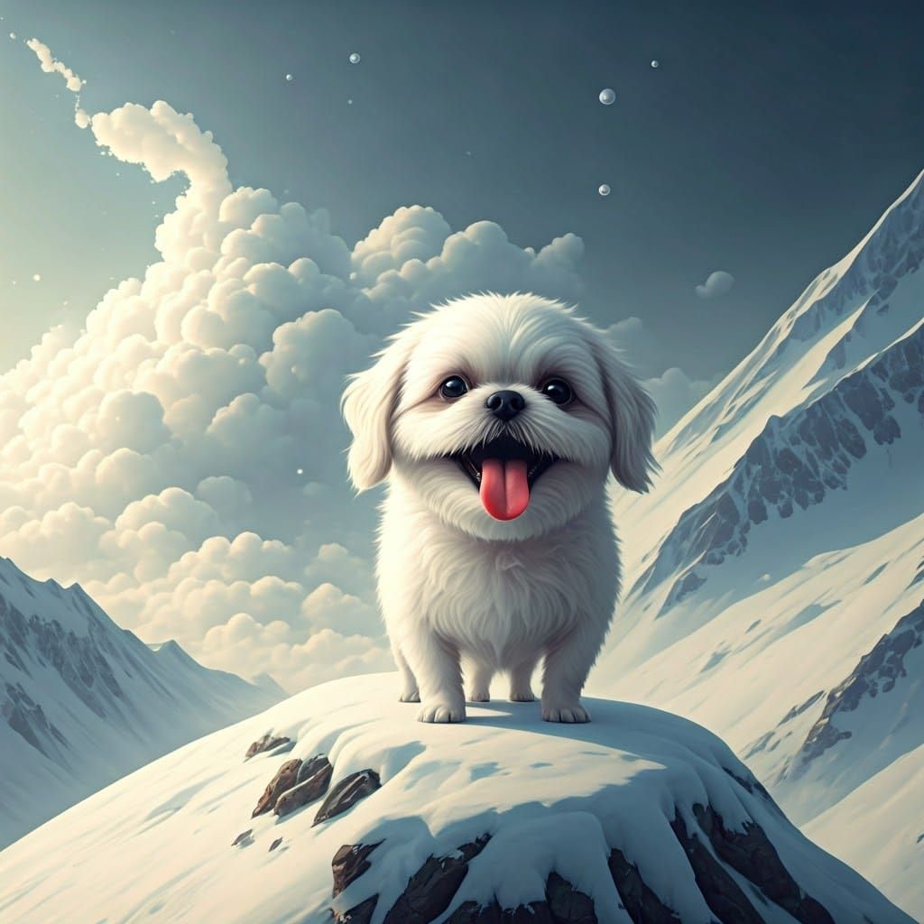 White Shih Tzu on Snowy Alps Peak