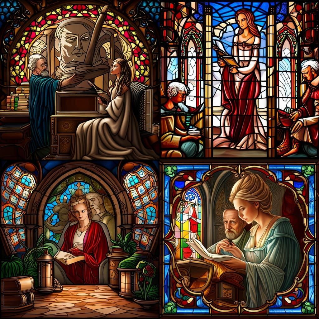 Stained glass of a beautiful woman in a bronze dress reading...