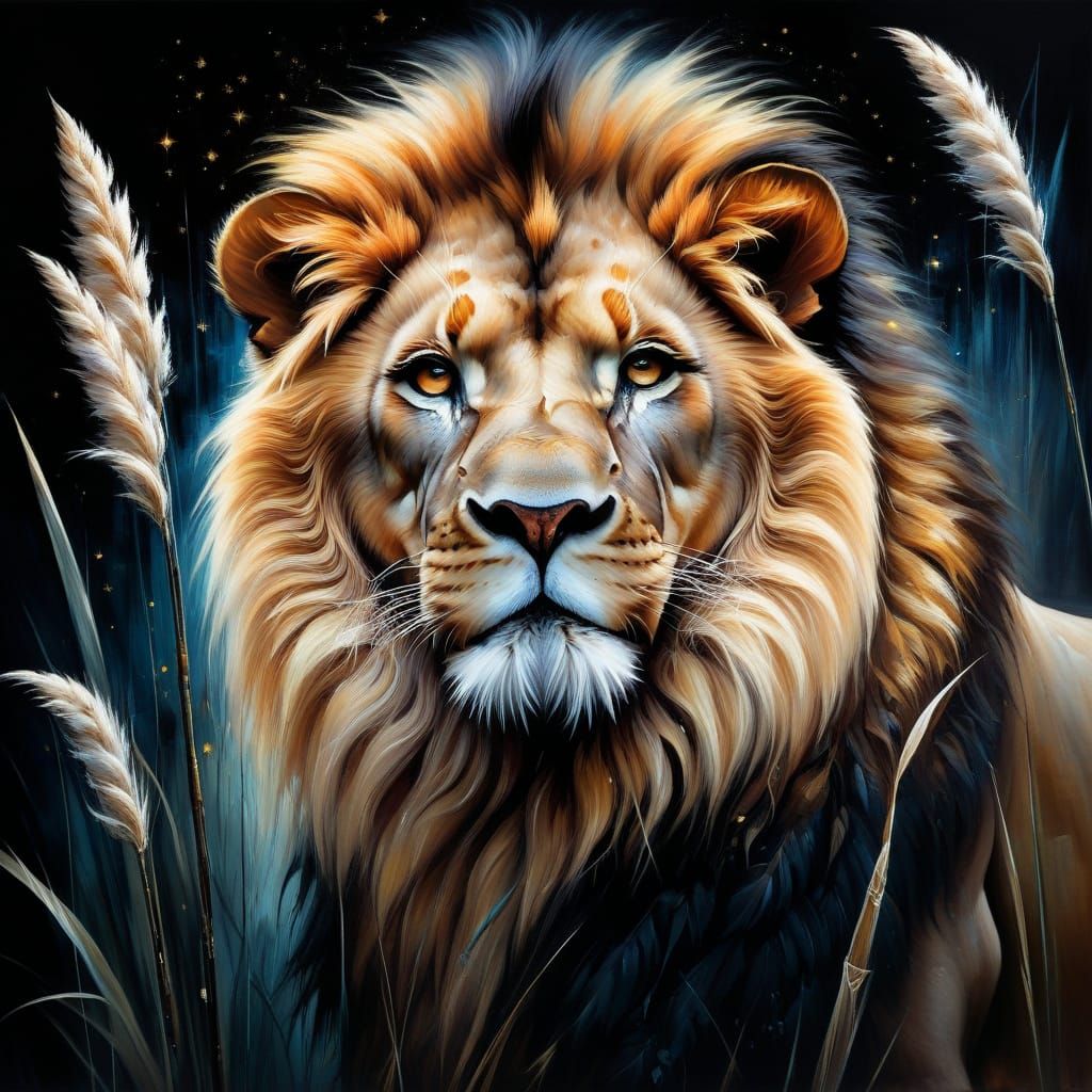 Lion King standing behind pampas grass