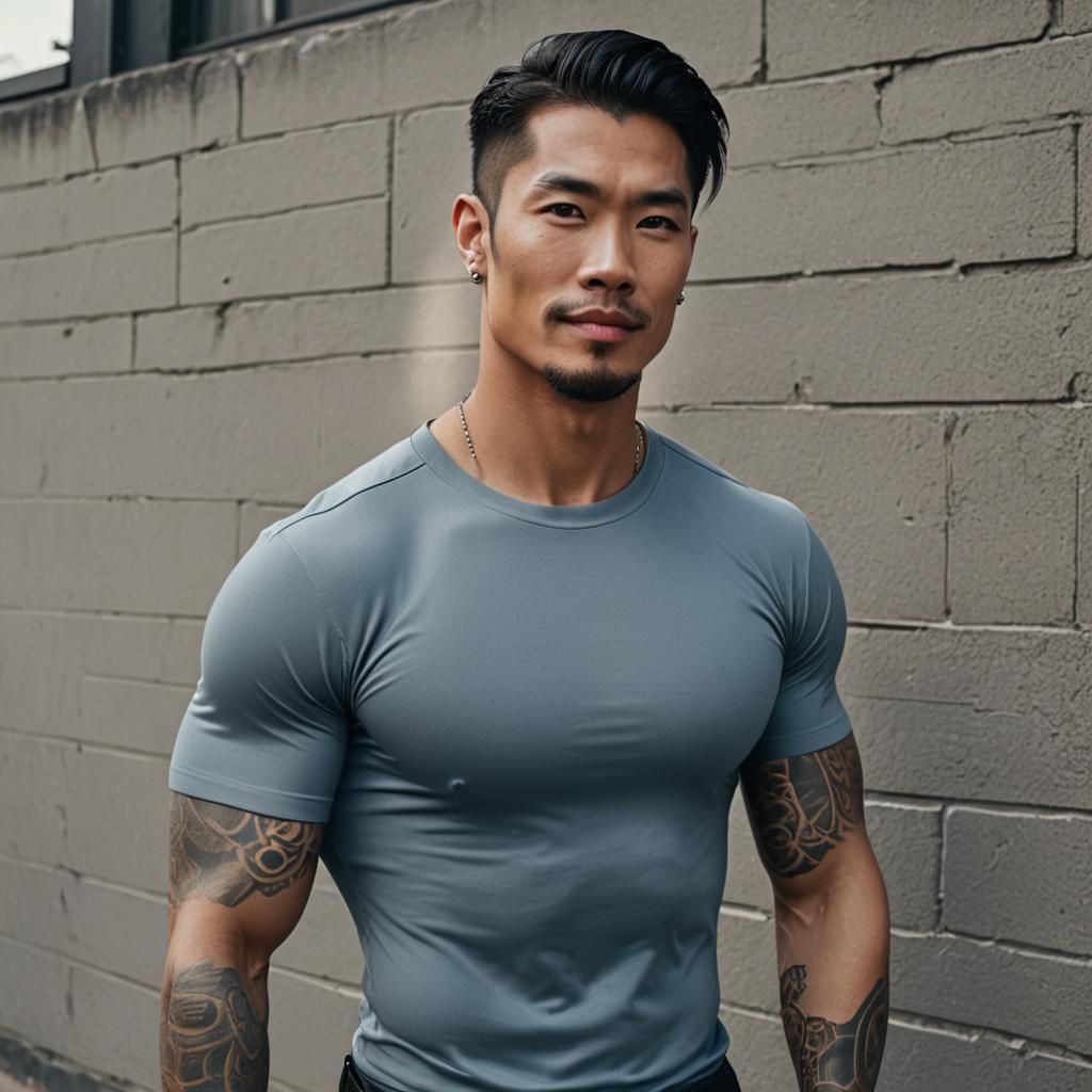 A hot asian male with dark raven hair, blue eyes, tattoos, attractive face.  muscular, lean body. wears a fitted compression shirt. Make it l... - AI  Generated Artwork - NightCafe Creator