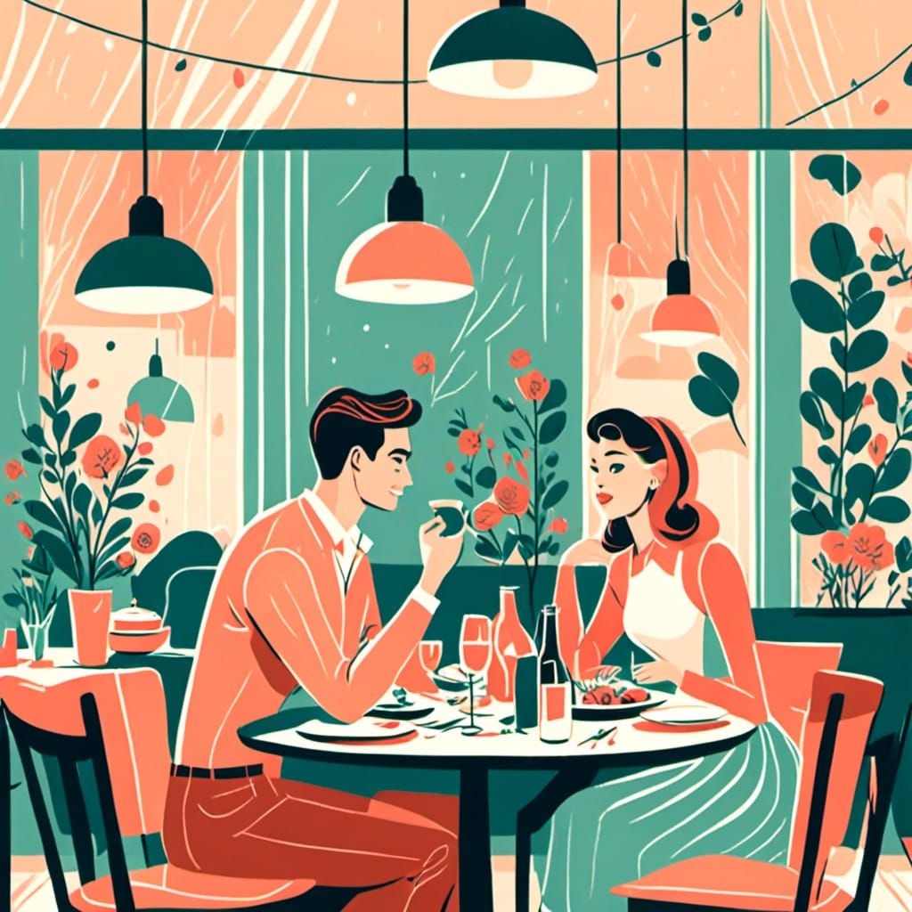 <lora:Mid century modern:1.0> couple (cllear cute detailed faces) having a romantic dinner in a cool restaurant. Cute illustration, greetin...