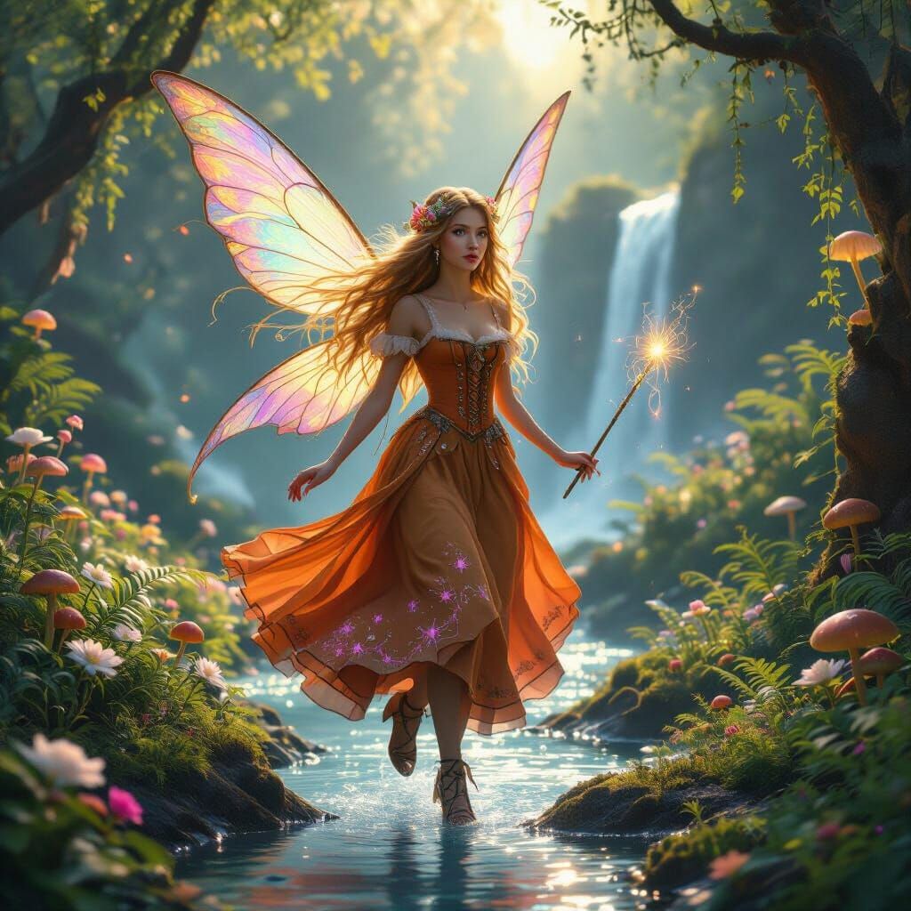 The fairy has red hair, she is flying over a winterlandscape, large emountain in the background, snow falling