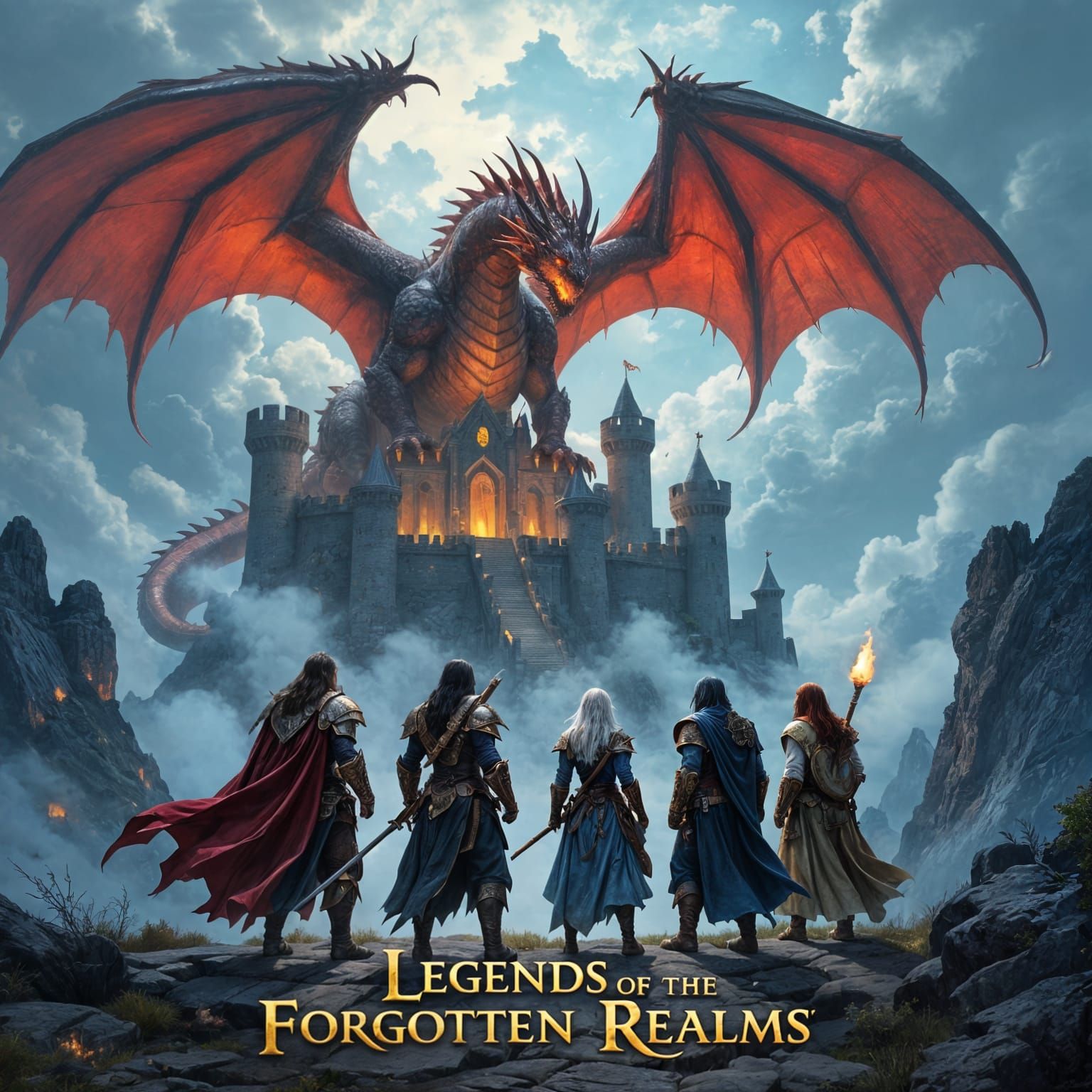 "Epic fantasy video game cover art in the style of Dungeons & Dragons. A party of adventurers — warrior, ...  by @Schoor