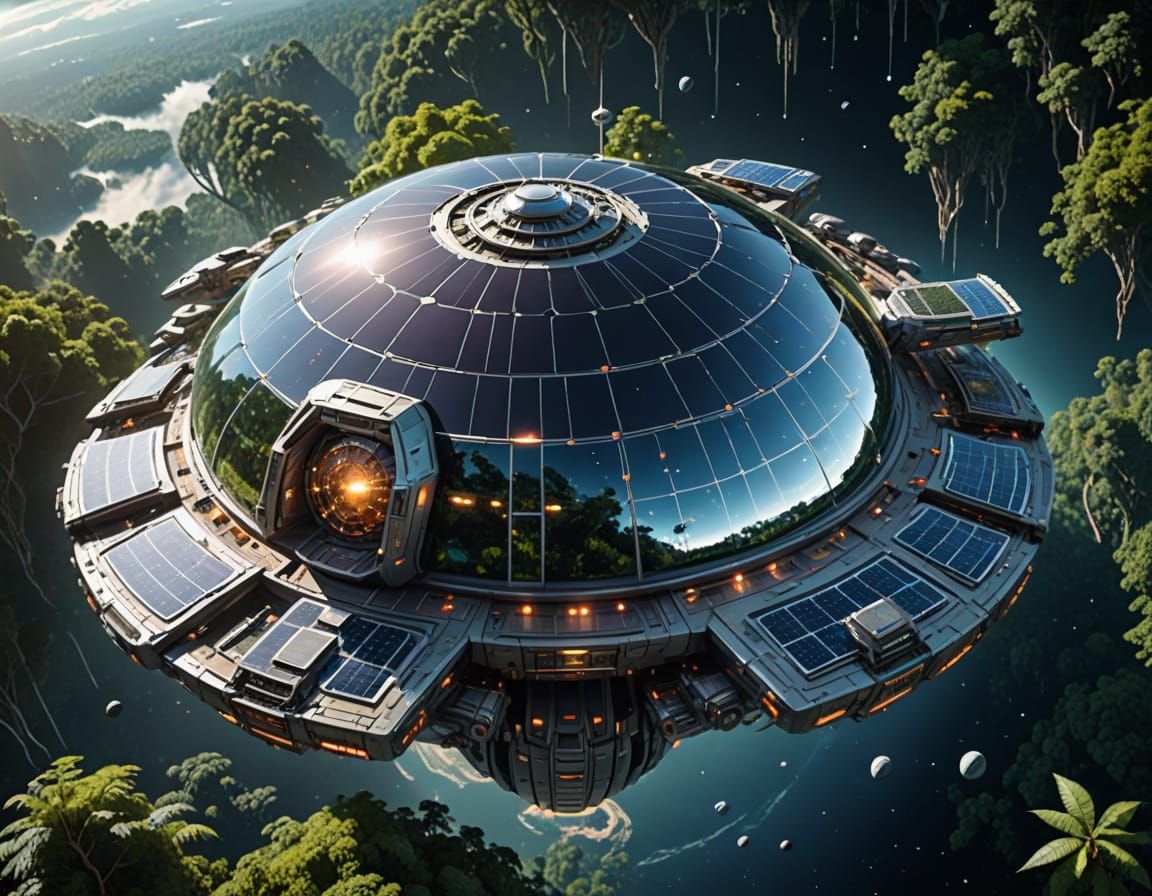 A massive passenger space ship floating in outer space above the Earth, a lush forest on top of the ship ...  by @Maids Are Life Maids are Justice