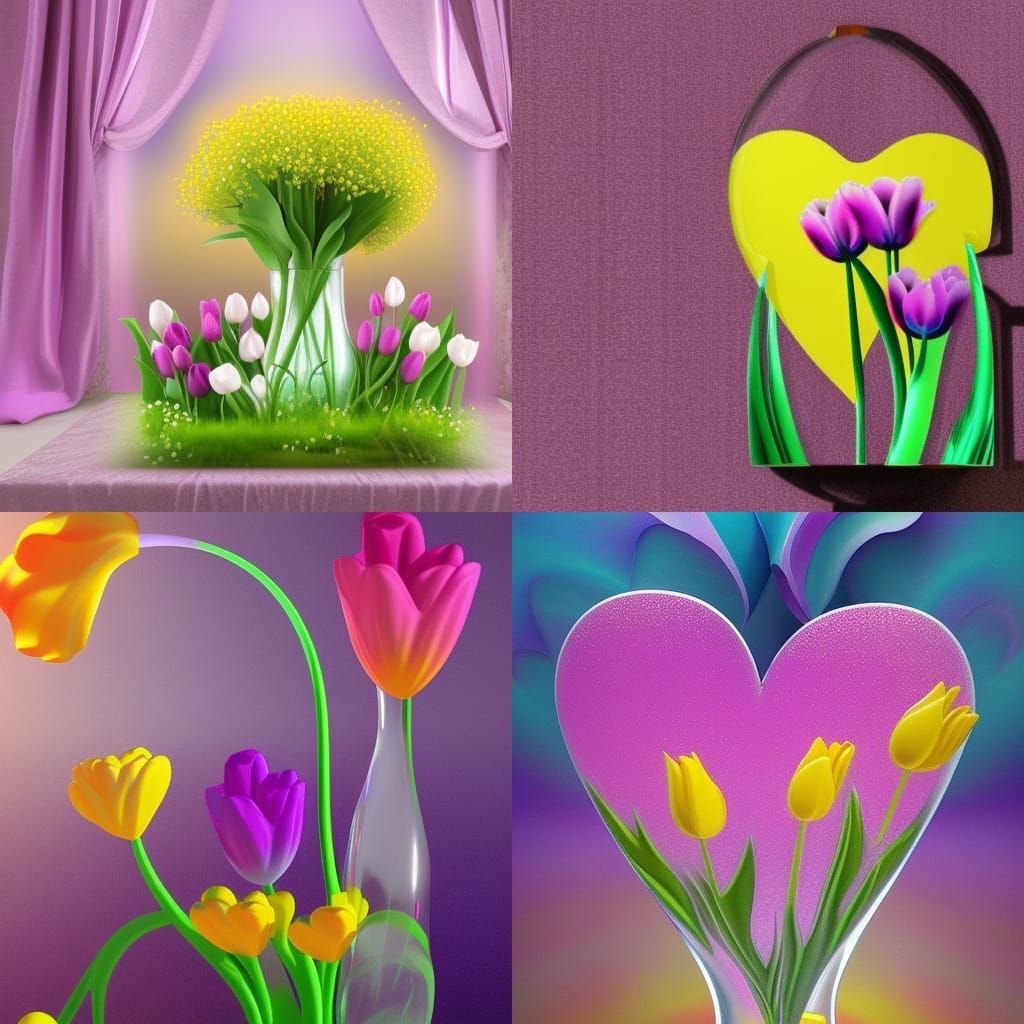 3D yellow, white, pink, purple long stemmed tulips with baby...