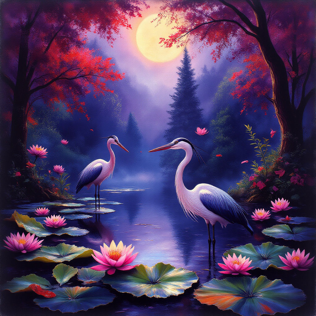 Herons swim on the lily pond #2