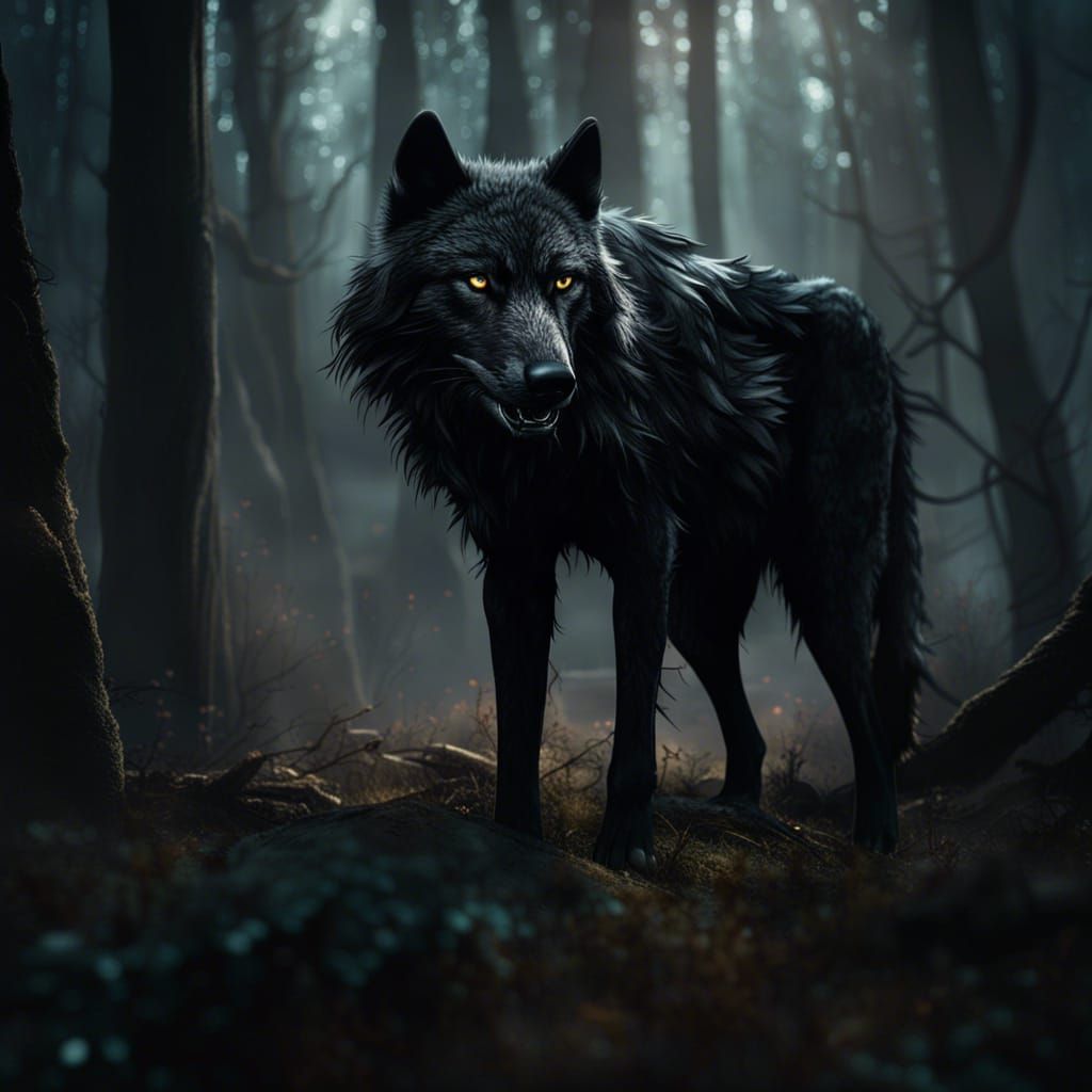 black wolf in the woods scary - AI Generated Artwork - NightCafe Creator